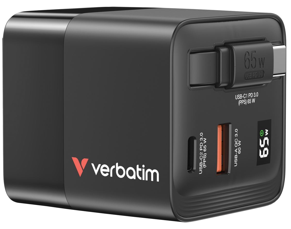 VERBATIM Ladeadapter, GaN, 65W, Retractable, schwarz