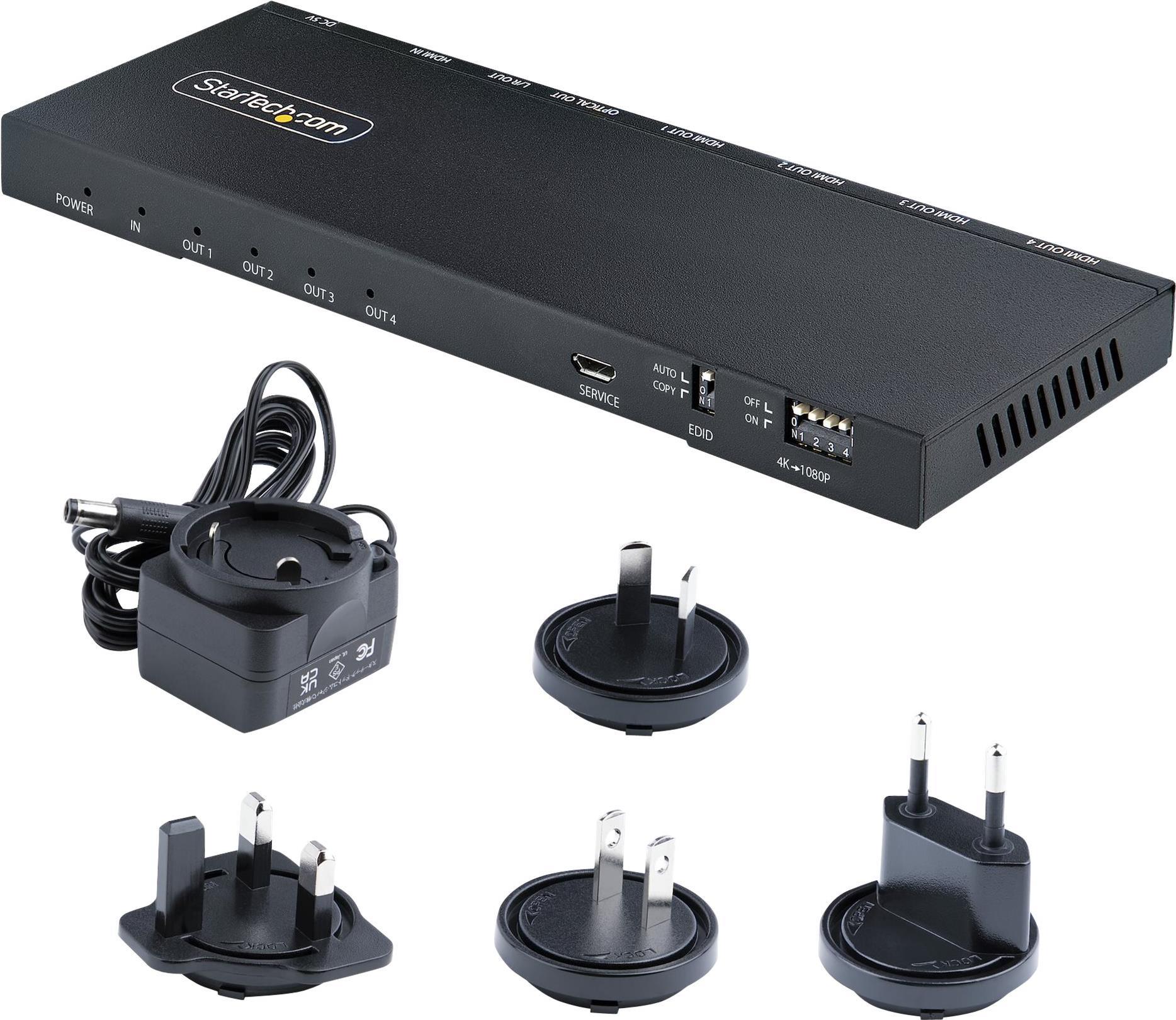 StarTech.com 4-Port HDMI Splitter, 4K 60Hz HDMI 2.0 Video, 2,50cm (1) 4 Out HDMI Splitter, 4K HDMI Splitter w/Built-in Scaler, 3.5mm/Optical Audio Port, Durable Metal Housing, HDR/HDCP - 1x4 HDMI Display/Output Splitter (HDMI-SPLITTER-44K60S) - Video