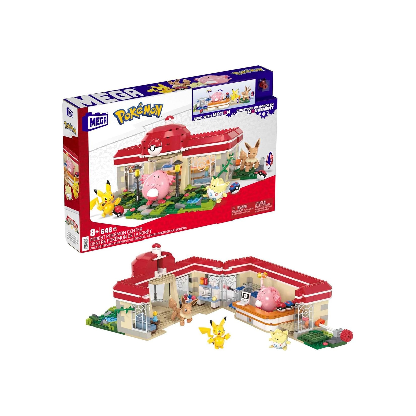 Mattel HNT93 - Mega - Pokémon - Pokémon-Center - Bauset mit Pikachu, Chaneira, Evoli und Togepi, 648 Teile