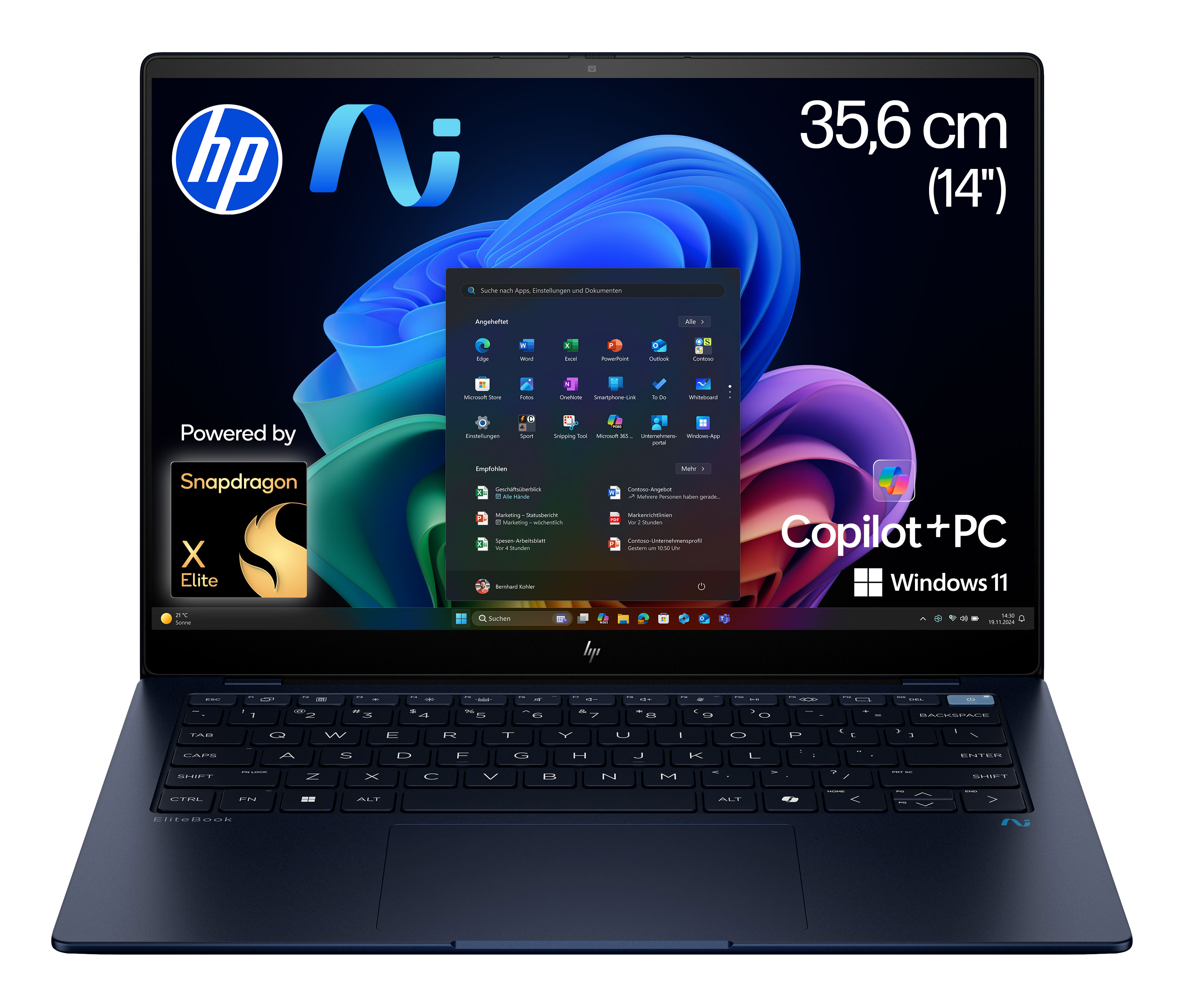 HP EliteBook Ultra G1q KI Laptop Qualcomm Snapdragon X1E-78-100 (14) Touchscreen 2.2K 16 GB LPDDR5x-SDRAM 1 TB SSD Windows 11 Pro Copilot+ PC Blau  (A26TLEA#ABD)