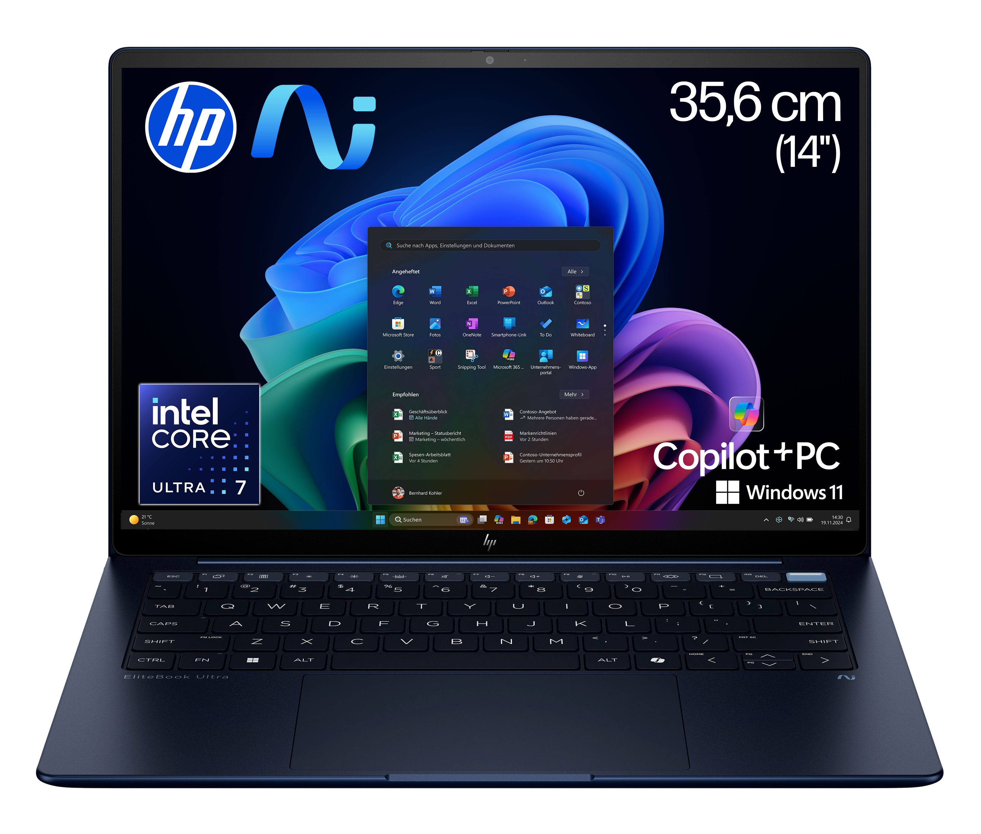 HP EliteBook Ultra G1i  KI Laptop Intel Core Ultra 7 258V 35,6 cm (14) Touchscreen 2.8K 32 GB LPDDR5x-SDRAM 1 TB SSD Windows 11 Pro Copilot+ PC Blau (B66THAT#ABD)