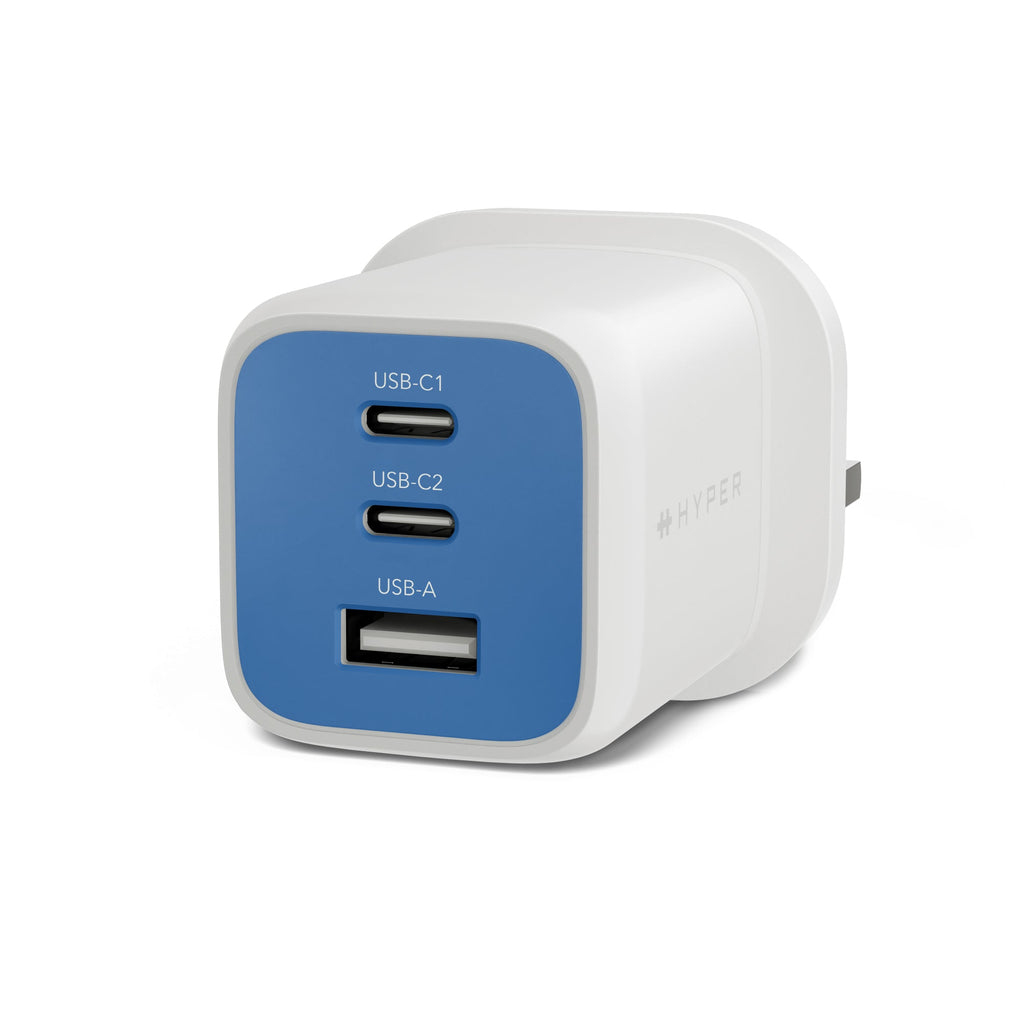Targus HyperJuice Flex - Netzteil - GaN - 65 watt - 3 Ausgabeanschlussstellen (2 x USB-C, USB) - Schnorchel blau (HJ1202BUEU)