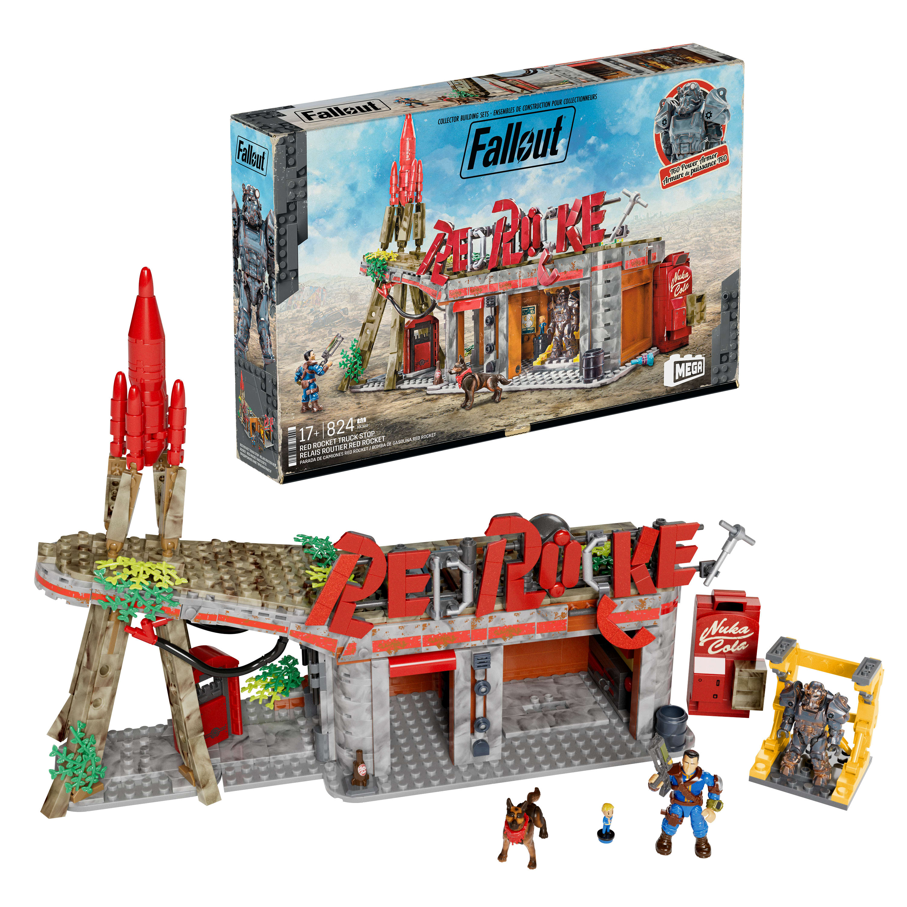 Mattel HXT00 - MEGA - Fallout - Red Rocket Bauset (824 Teile) mit Dogmeat & T-60 Powerrüstung