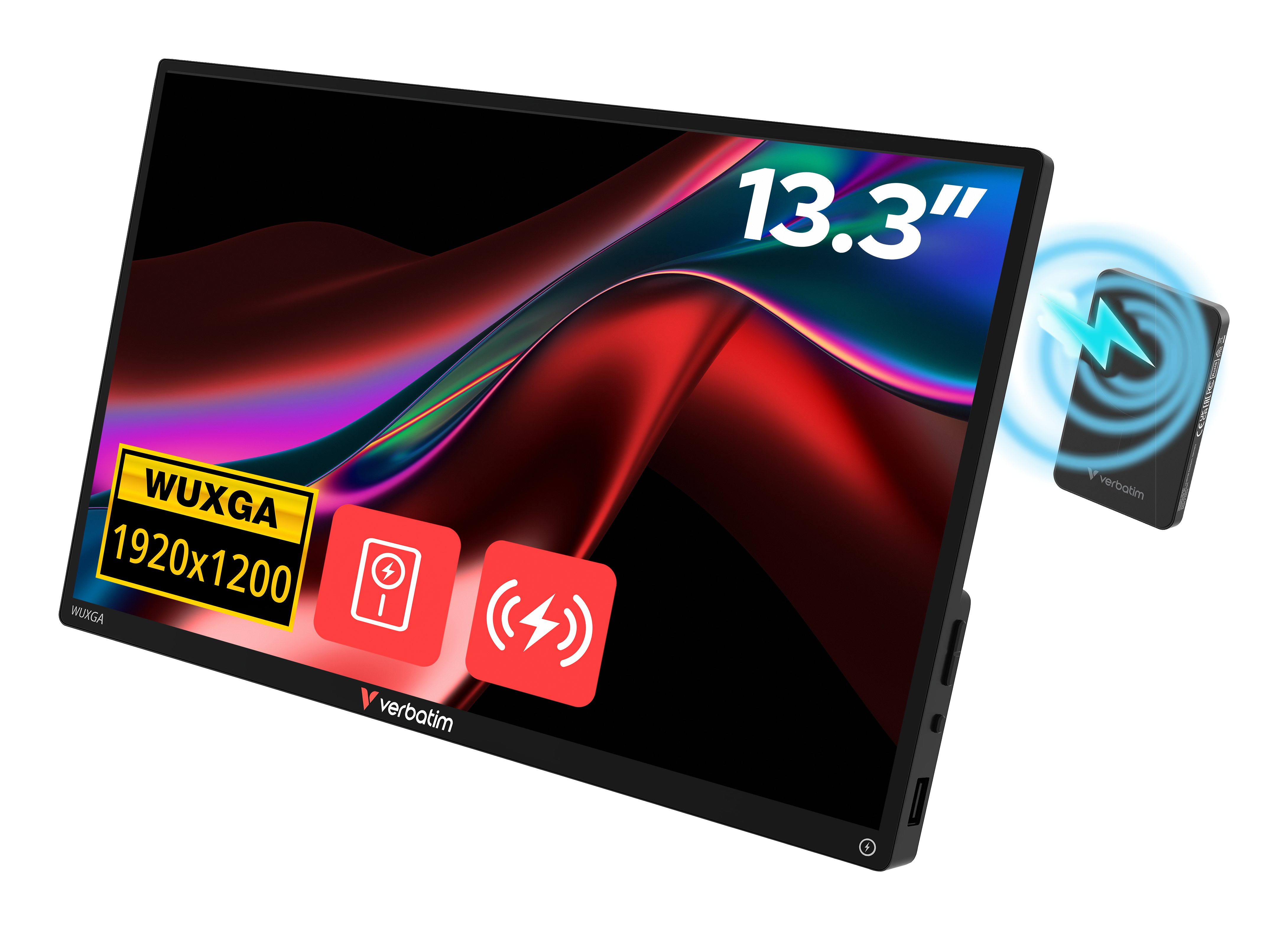 Verbatim Touch Monitor 13.3 (33,8 cm) Wireless Monitor - IPS, tragbar, Full HD, 1920 × 1200 (16:10), 60 Hz, Display: glänzend, 25 ms, FreeSync, Touchscreen, HDR, Lautsprecher, HDMI und USB-C (32087)