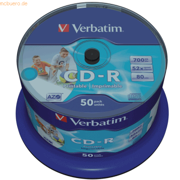 Verbatim CD-R printable (Tinte), bis 52fach, 700 MB/80 min, 50er-Spindel
