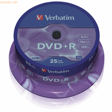 Verbatim DVD-Rohlinge DVD+R 4,7GB/16x auf Spindel VE=25 Stück