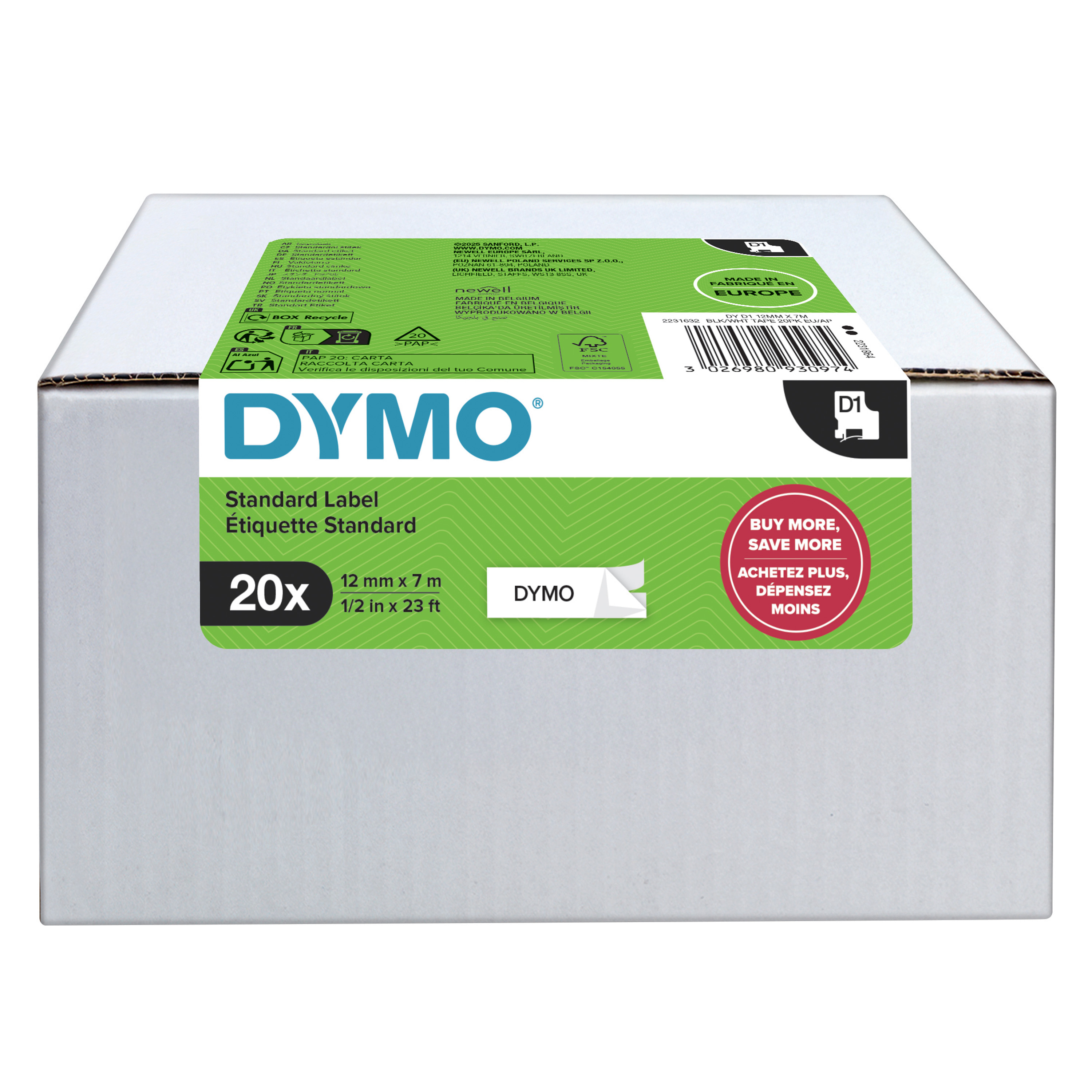 DYMO D1 Schriftbandkassette schwarz/weiß, 12 mm x 7 m, 20er