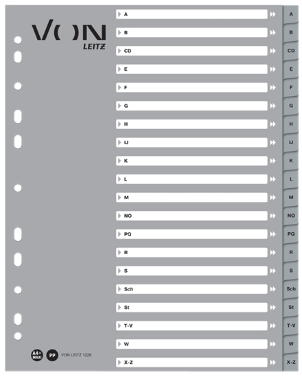 VON LEITZ Register DIN A4 Überbreite A-Z grau-weiß 20-teilig, 1 Satz