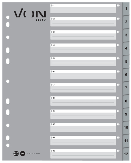 VON LEITZ Register DIN A4 Überbreite 1-12 grau-weiß 20-teilig, 1 Satz