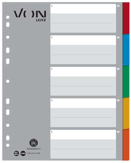 VON LEITZ Register DIN A4 Vollformat blanko grau-weiß 5-teilig, 1 Satz