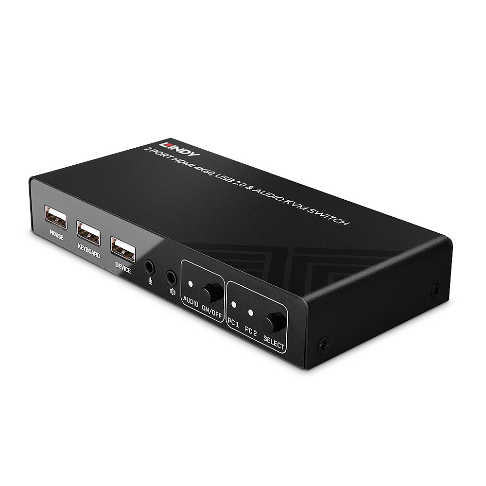 Lindy 2 Port KVM Switch HDMI 4K60, USB 2.0 & Audio Schaltet zwischen 2 HDMI PCs von einer einzigen Konsole (Tastatur, Maus, Monitor) aus um (32809)