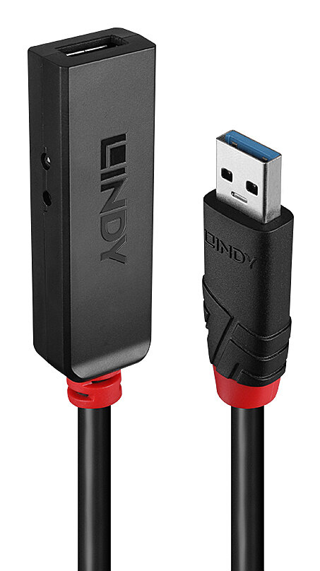 Lindy - USB-Verlängerungskabel - USB Typ A (M) zu USB Typ A, power DC jack 2,5 mm (ID: 0,7 mm) (W) - USB 3,2 - 3,0m - schmal, aktiv - Schwarz (43400)
