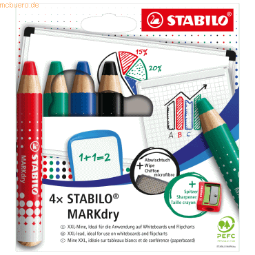 Whiteboard Marker Stabilo MarkDry, Rundpsitze, 1-10 mm, schnell trocknend, 4er Etui, schwarz/blau/rot/grün