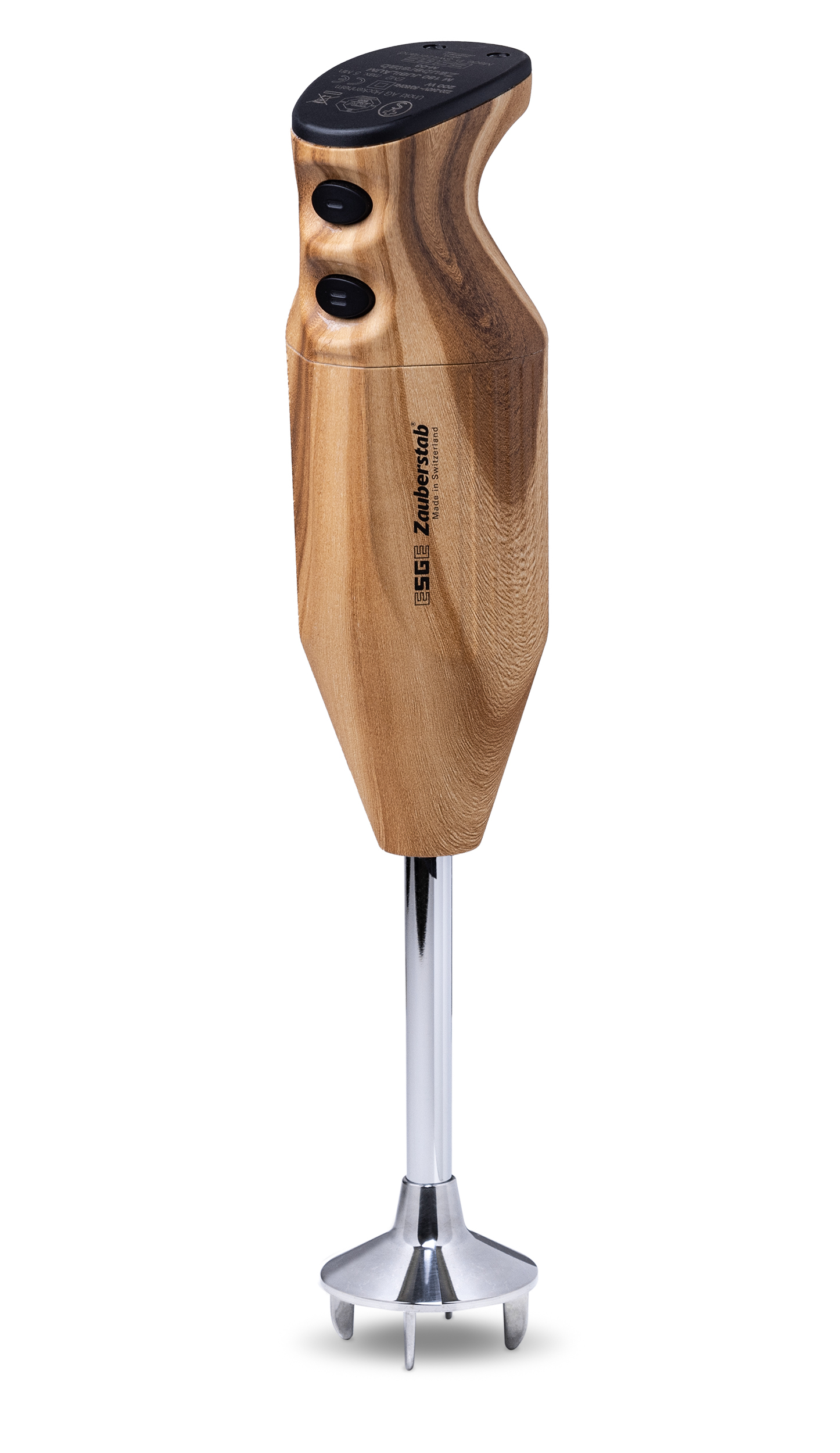 ESGE Zauberstab Design Edition Douglasie 91021 Stabmixer (200 Watt, langlebiger, robuster AC-Motor, Made in Switzerland, 2 Stufen, 12.000/17.000 U/Min., Sicherheits-Twinschalter, Aufsteckzentrierung, Zubehör: Multimesser, Schlagscheibe, Fleisch- und 