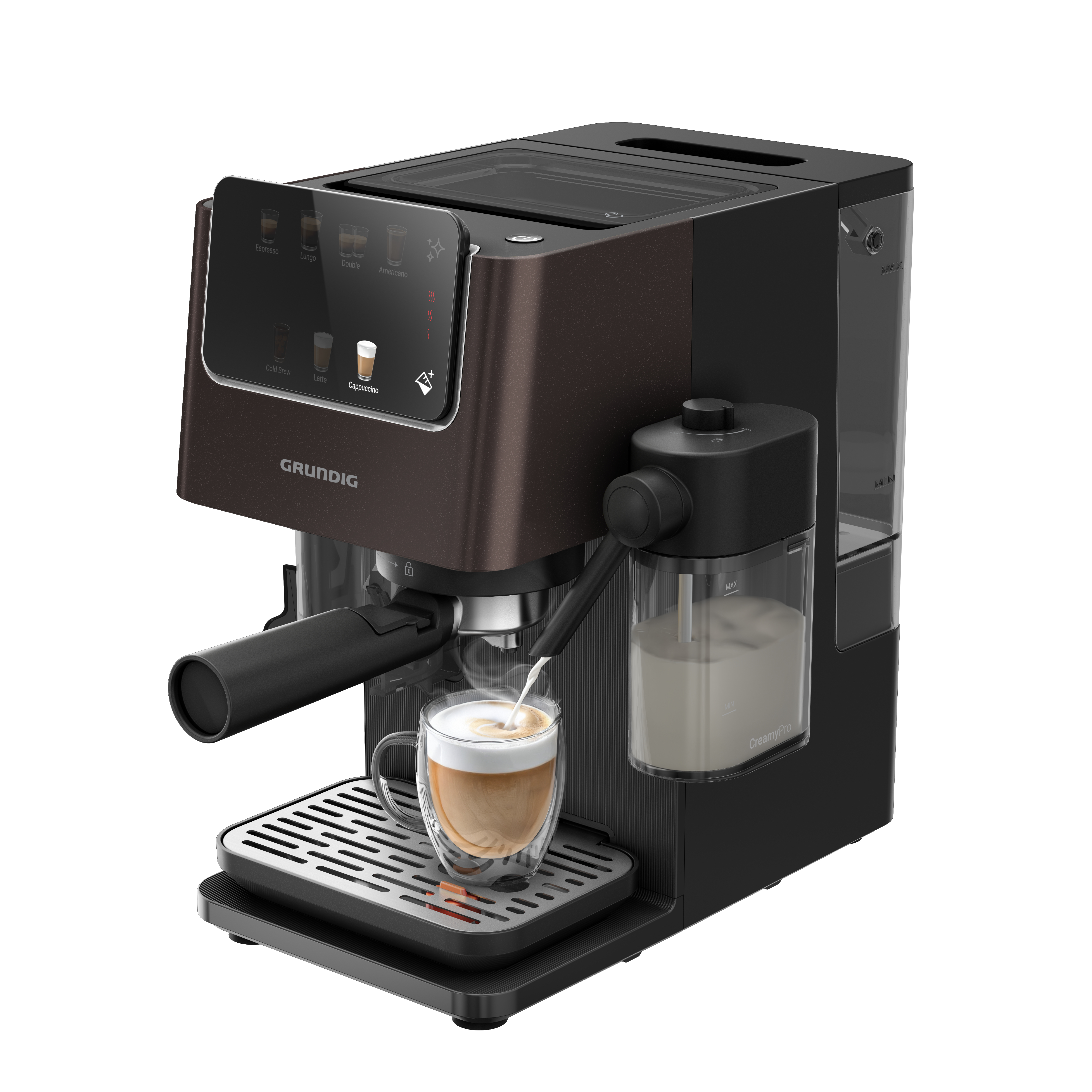 Grundig KSM 8530 Kaffeevollautomat (Edelstahlmahlwerk, Dunkelbraun/Schwarz, Touch-Display, 150 g Bohnenbehälter, 1,5 Liter Wassertank, CreamyPro™ Milchsystem, 20 Bar Pumpendruck, BrewSense™ Technologie)