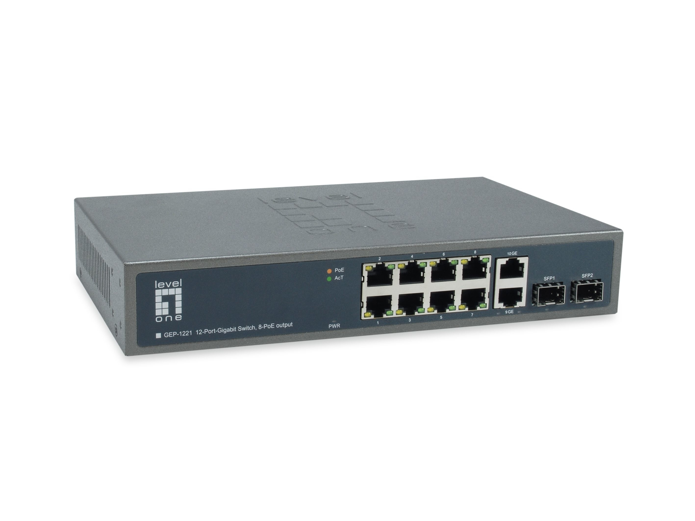 LevelOne Switch 12 Gigabit Ethernet-Ports mit 8 PoE-Ports 150W, 2 Gigabit-Ports, 2 Gigabit SFP (GEP-1221)