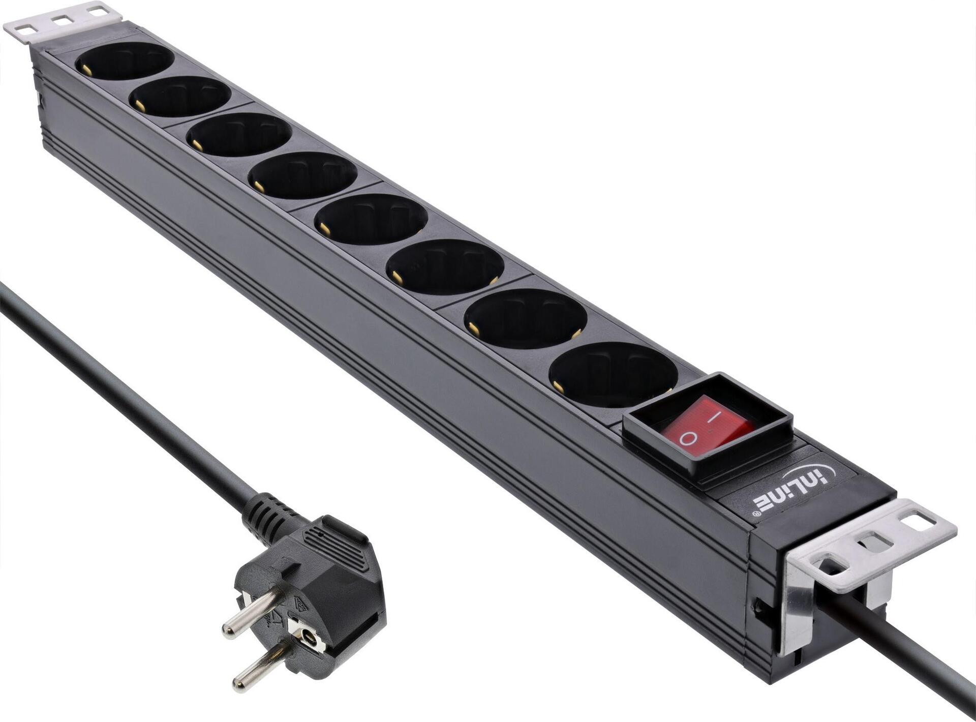 InLine® 19 Steckdosenleiste, 8-fach Schutzkontakt, mit Schalter, 2m, schwarz (16412S)