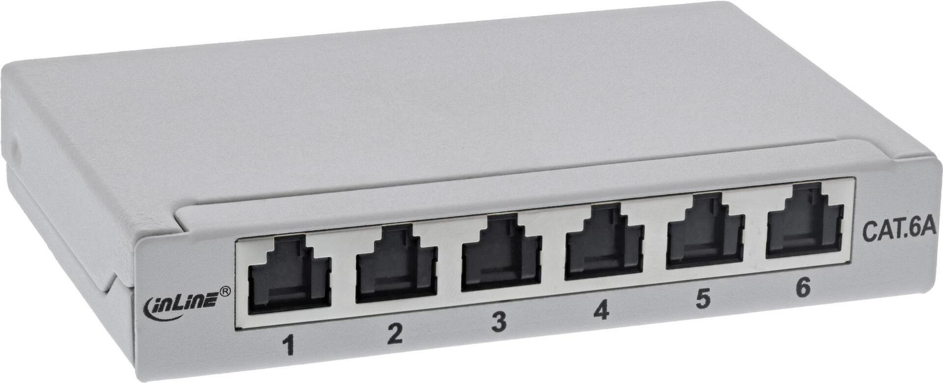 InLine® Patchfeld Cat.6A 0,5HE 6-fach, für Tisch/Wand/Hutschiene, mit Staubschutz, grau (76816A)