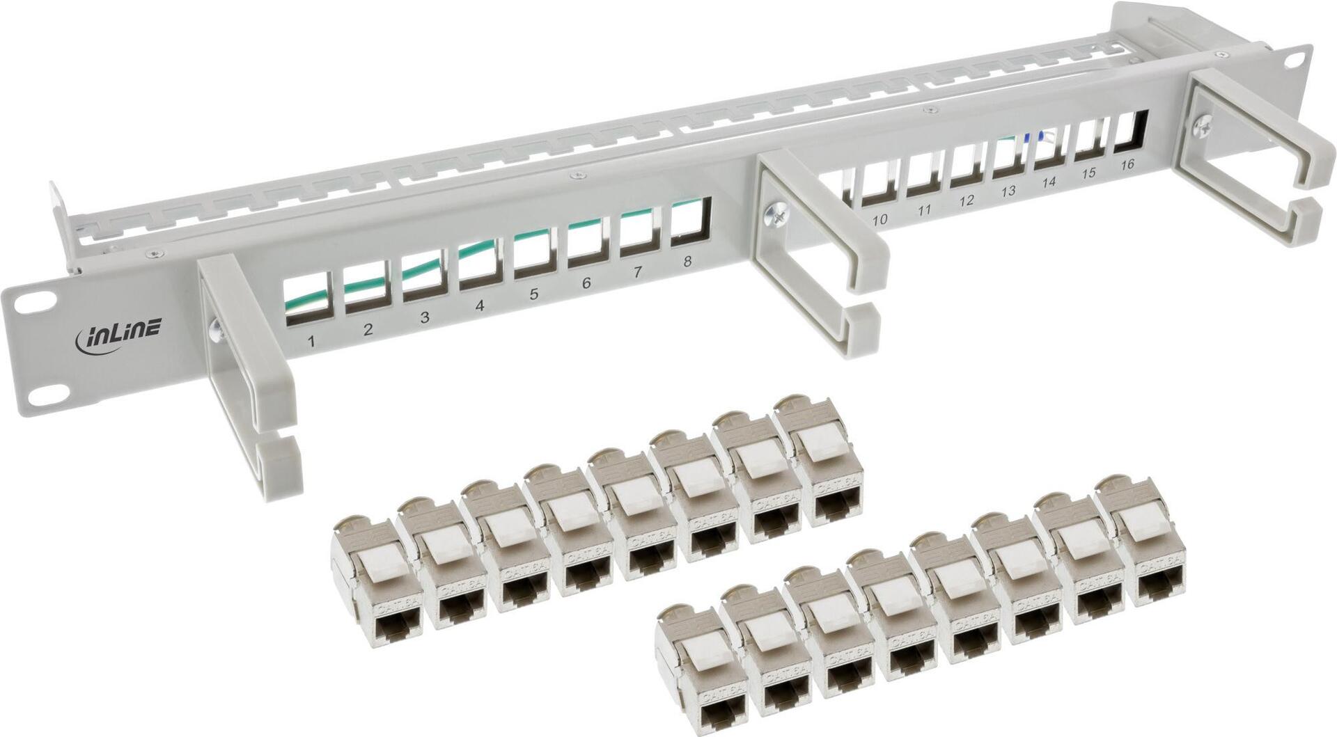 InLine Patchfeld Cat.6A 16-fach - mit 3 Bügeln - 16 Keystones - 19 - 1HE - grau (76822C)
