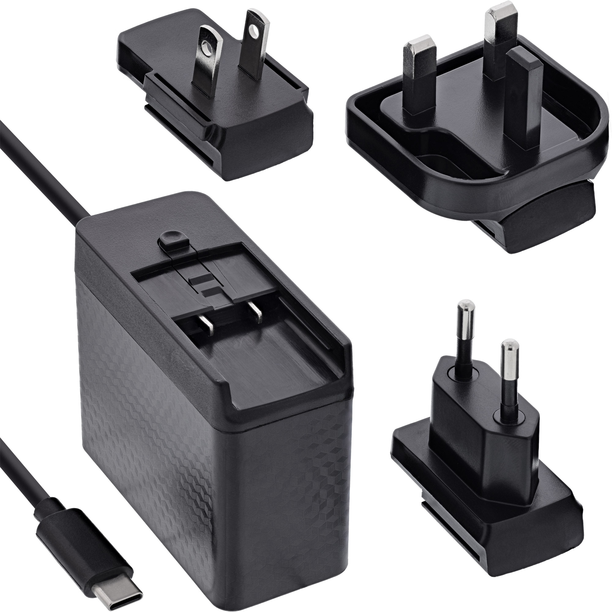 InLine® TravelCharge USB-C Netzteil 140W, GaN, festes Kabel, EU/UK/US, schwarz (31516C)