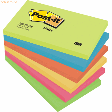 POST-IT Haftnotizen Notes 622-12SS-COS, 127 x 76 mm, wiederablösbar, cellophanfrei verpackt, farbsortiert, 6 x 100 Blatt