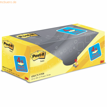 Post-it® Haftnotizen Notes 654Y-20, B 76 x T 76 mm, PEFC®-Papier, gelb, 16 + 4 Blöcke gratis, 100 Blatt/Block