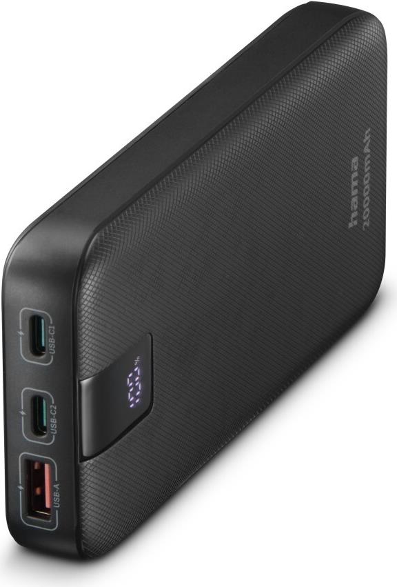 Hama PD 20 - Powerbank - 20000 mAh - 74 Wh - 20 Watt - 3 A - PD 3,0, QC 3,0 - 3 Ausgabeanschlussstellen (USB, 2 x USB-C) - auf Kabel: USB-C - Anthrazit (00201719)