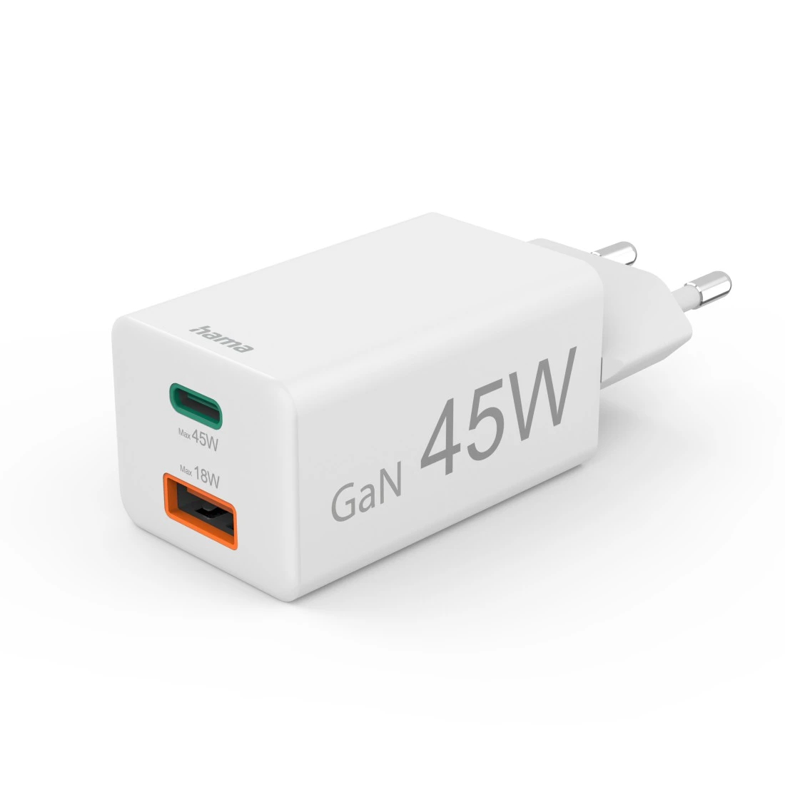Hama Schnellladegerät, 1x USB-C, 1x USB-A, Mini-Ladegerät, PD, 45 W, Weiß (00125141)