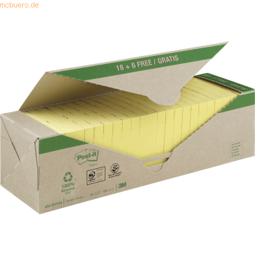 Post-it® Haftnotizen Recycling Notes 654-RYP24, B 76 x T 76 mm, PEFC®-Papier, gelb, 18 + 6 Blöcke, 100 Blatt/Block