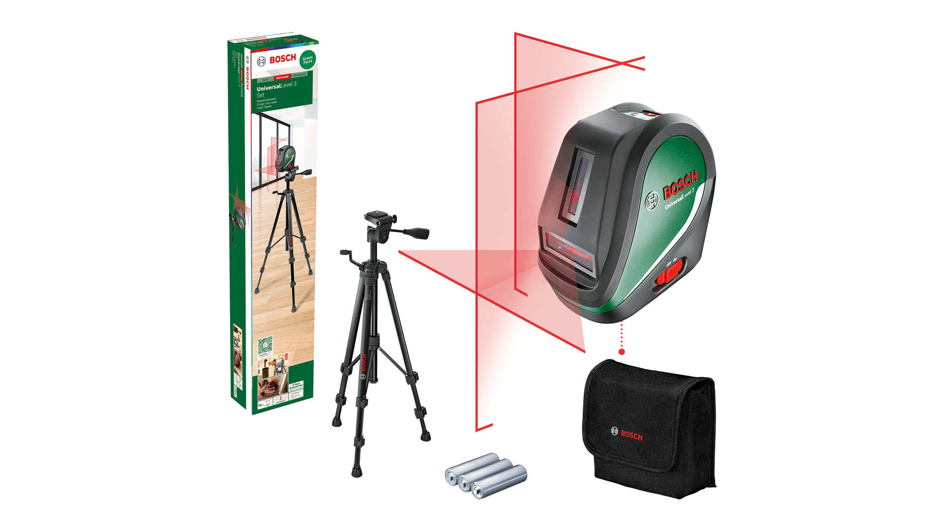 Bosch Kreuzlinienlaser UniversalLevel 3 Set gruen/schwarz rote Laserlinien Reichweite 10 (0603663905)