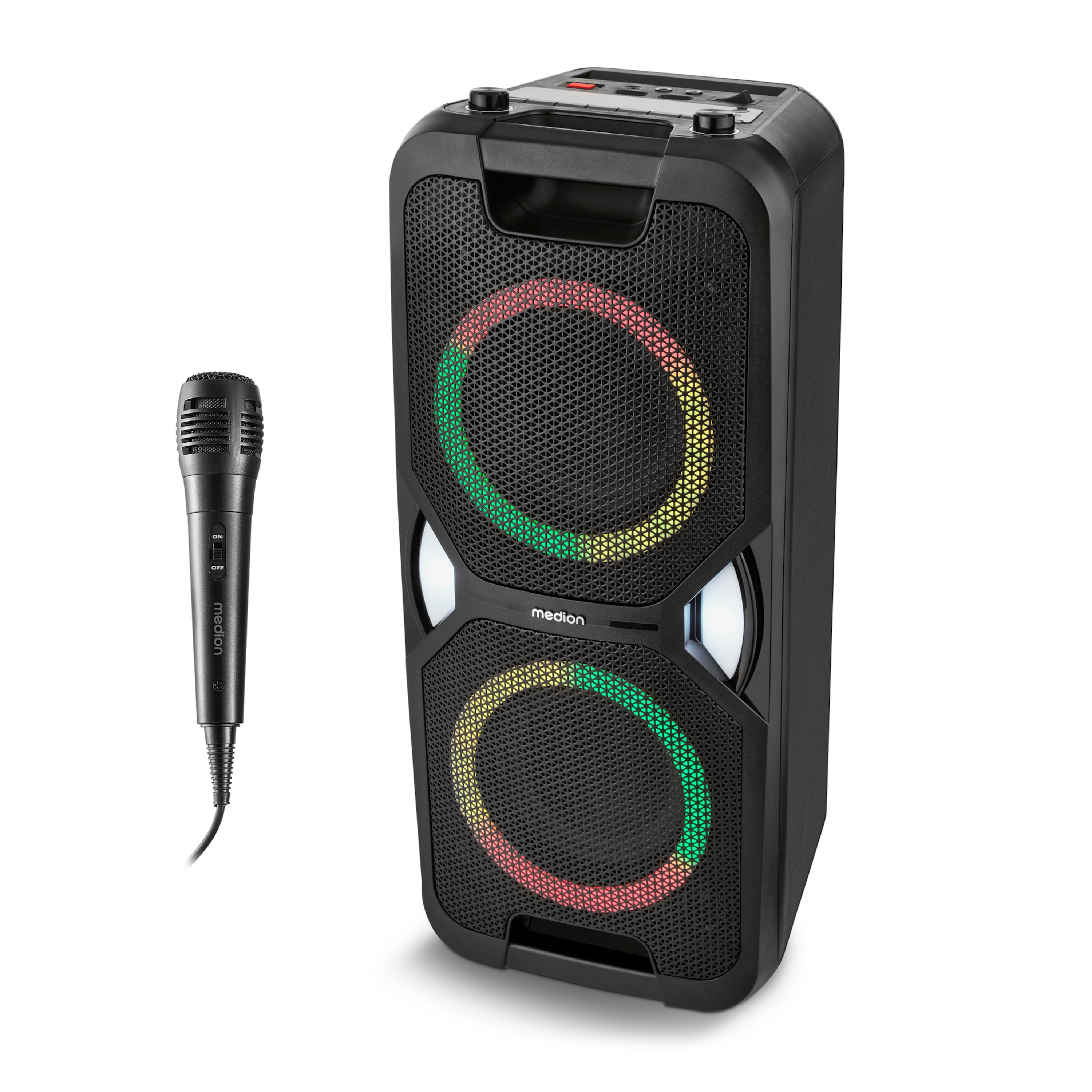 Medion Partylautsprecher MD400000 LIFE PE-1 Pure (PLL-UKW Radio, Bluetooth® 5.4, satter Sound, verschiedene Lichteffekte, X-Bass Bassanhebung, inkl. Mikrofon, 2 x 25 W RMS Ausgangsleistung)