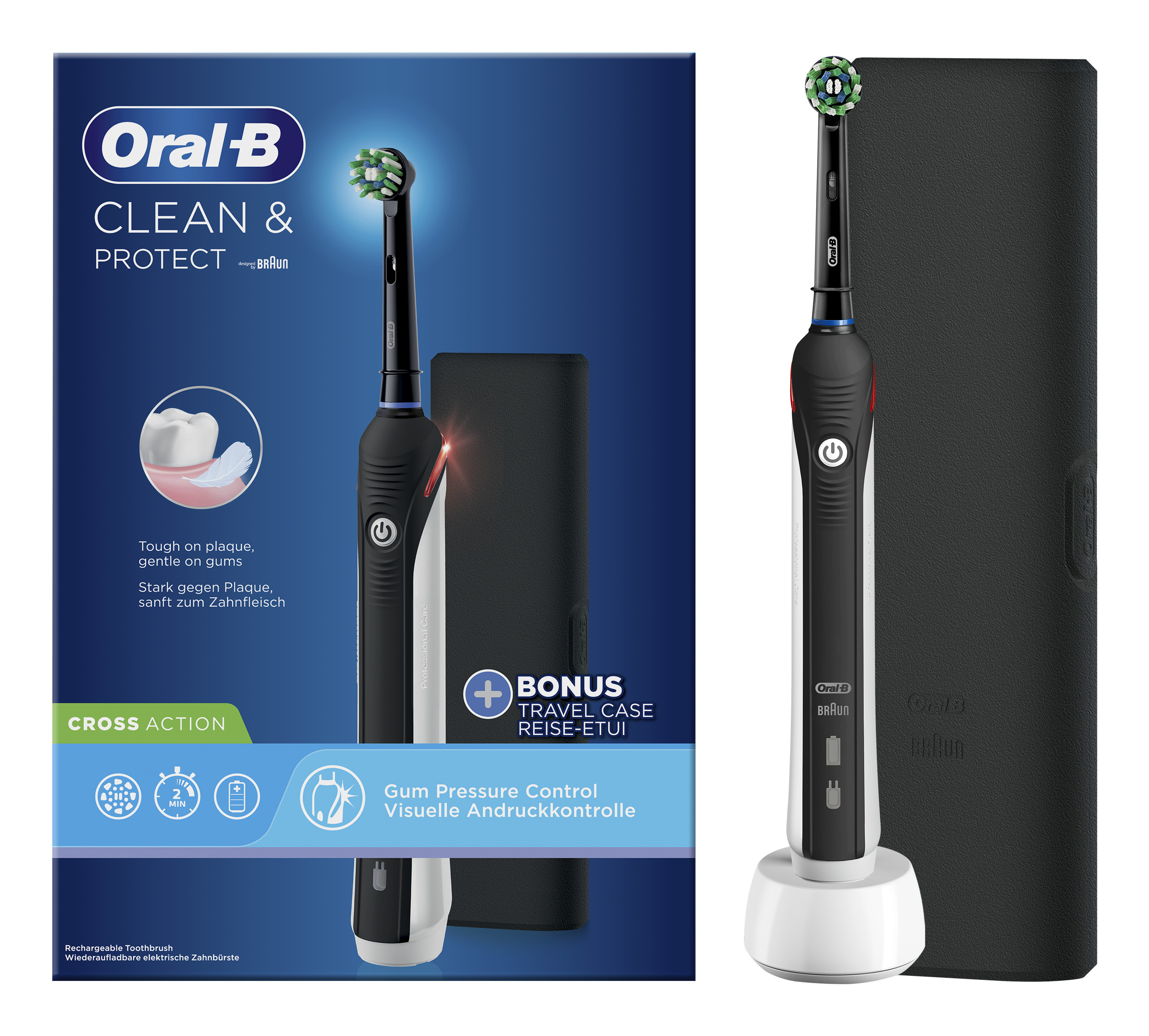 Oral-B Clean & Protect Zahnbürste (3D-Technologie, visuelle Andruckkontrolle, 2 Putzprogramme: Tägliche Reinigung und Sensitiv, bis zu 2 Wochen Akku-Laufzeit, integrierter 2-Minuten-Timer, Handstück mit Ladestation, 1 Aufsteckbürste, 1 Reise-Etui, ma