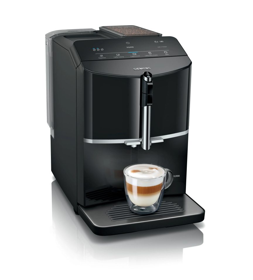 Siemens Kaffeevollautomat TF301E19 EQ.300, für Bohnen, 1300 W, bis 1,4 l/250 g, One-Touch Funktion, coffeeDirect-System, schwarz