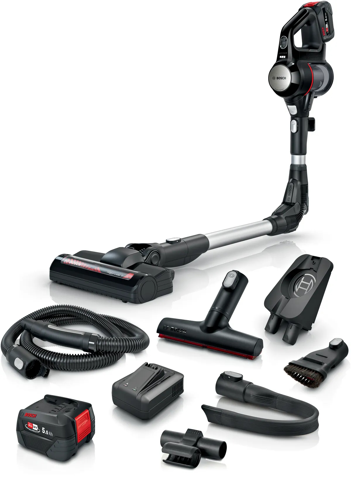 Bosch Akku-Staubsauger Unlimited 7 BSS715FRSH, kabellos, Knickrohr, Hygiene-Filter, 10 Jahre Motorgarantie, 2X 5.0 Ah Akku, Schnellladegerät, XXL-Polsterdüse, Turbodüse, Made in Germany, schwarz (BSS715FRSH)