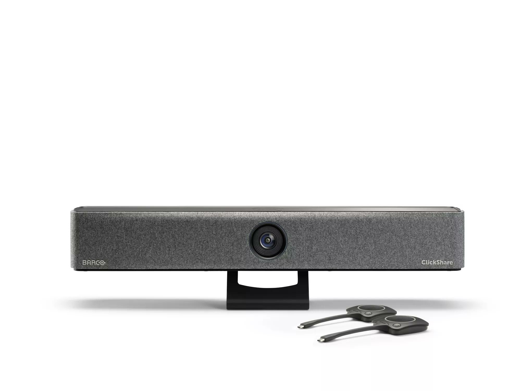 Videobar Barco ClickShare Bar Pro, für mittelgroße Räume, 3840 x 2160 px, 2 x 10 W, USB/LAN/WLAN, mit 2 ClickShare Buttons, schwarz