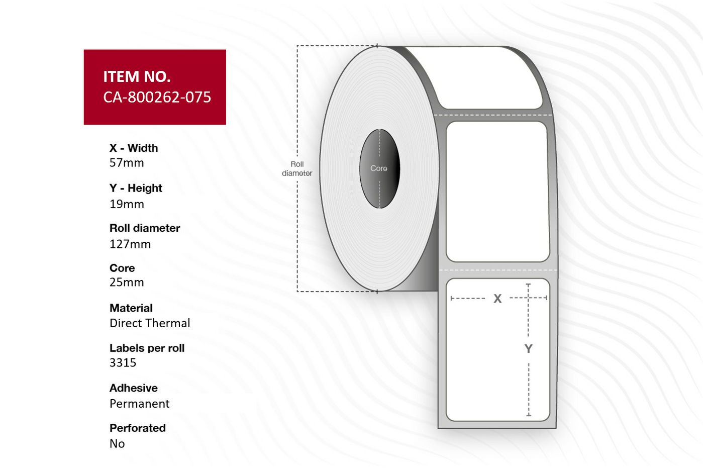 Capture Label 57 x 19mm, Core 25mm, Permanent, Perforated, 3315 labels per roll, 12 rolls per box (CA-800262-075)