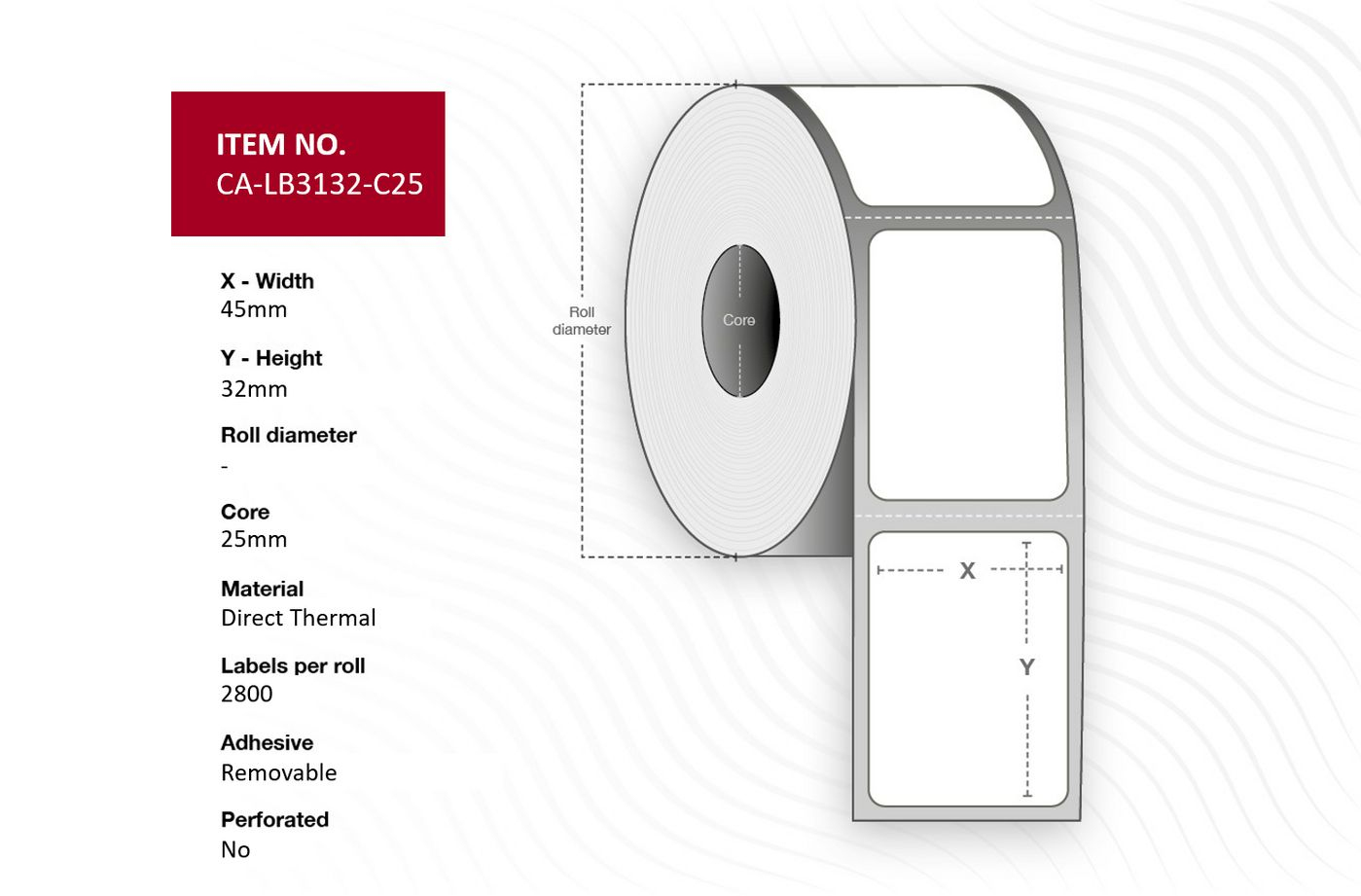 Capture Label 45 x 32mm, Core 25mm, Permanent adhesive, No perforation, 2800 labels per roll, 10 rolls per box. (CA-LB3132-C25)