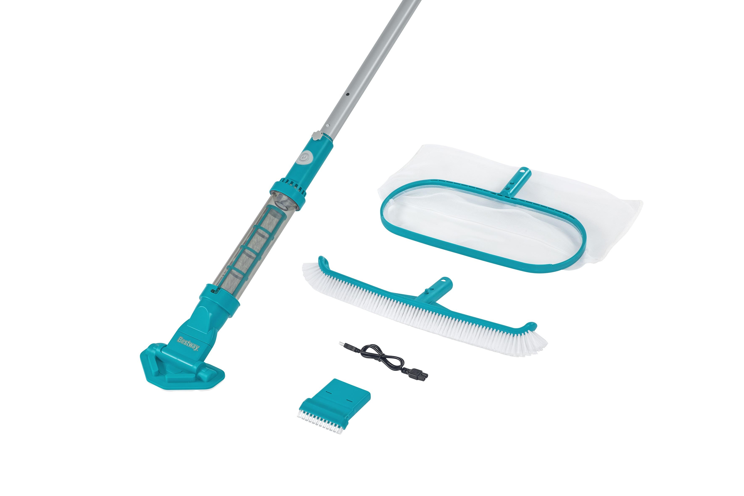 Bestway® Poolpflege-Set AquaSurge™ mit akkubetriebenem Poolsauger, Kescher und Poolbürste für Poolgrößen bis 610 cm