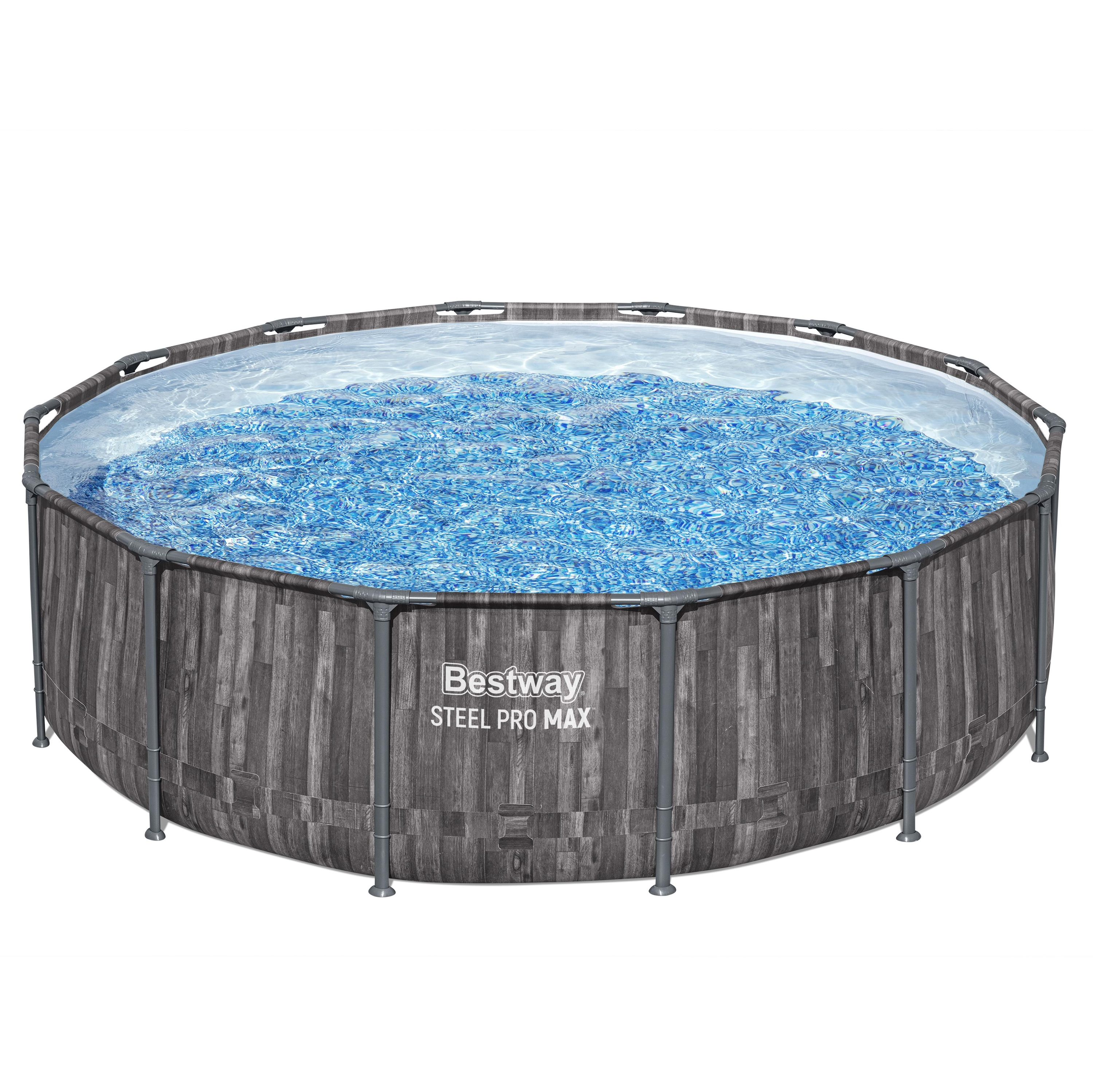 Bestway® Steel Pro MAX™ Frame Pool Komplett-Set mit Filterpumpe Ø 427 x 107 cm, Holz-Optik (Mooreiche), rund
