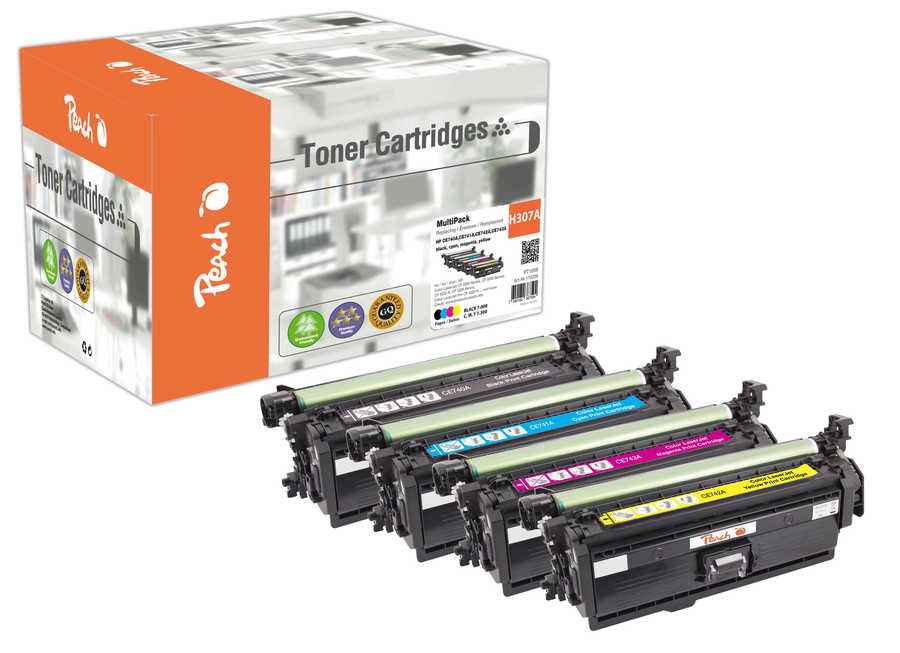 Peach HP 307 A 4 Toner (bk, c/m/y) ersetzt HP No. 307A, CE740A, CE741A, CE742A, CE743A für z.B. HP Color LaserJet CP 5200 (wiederaufbereitet)
