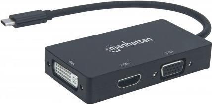MANHATTAN USB-C 3-in-1 Multiport A/V-Konverter USB Typ C-Stecker auf DVI-, HDMI- oder VGA-Buchse, 4K@30Hz auf HDMI-Port, 1080p auf VGA- und DVI-Ports, schwarz (152983)