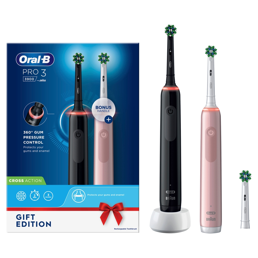 Oral-B Pro Series 3 3900 Schwarz/Pink Zahnbürste (3 Putzmodi, Profi-Timer, 360° Andruckkontrolle, LED-Ladekontrollleuchte, 2 Handstücke pink und schwarz, 3 Aufsteckbürsten, Ladestation)