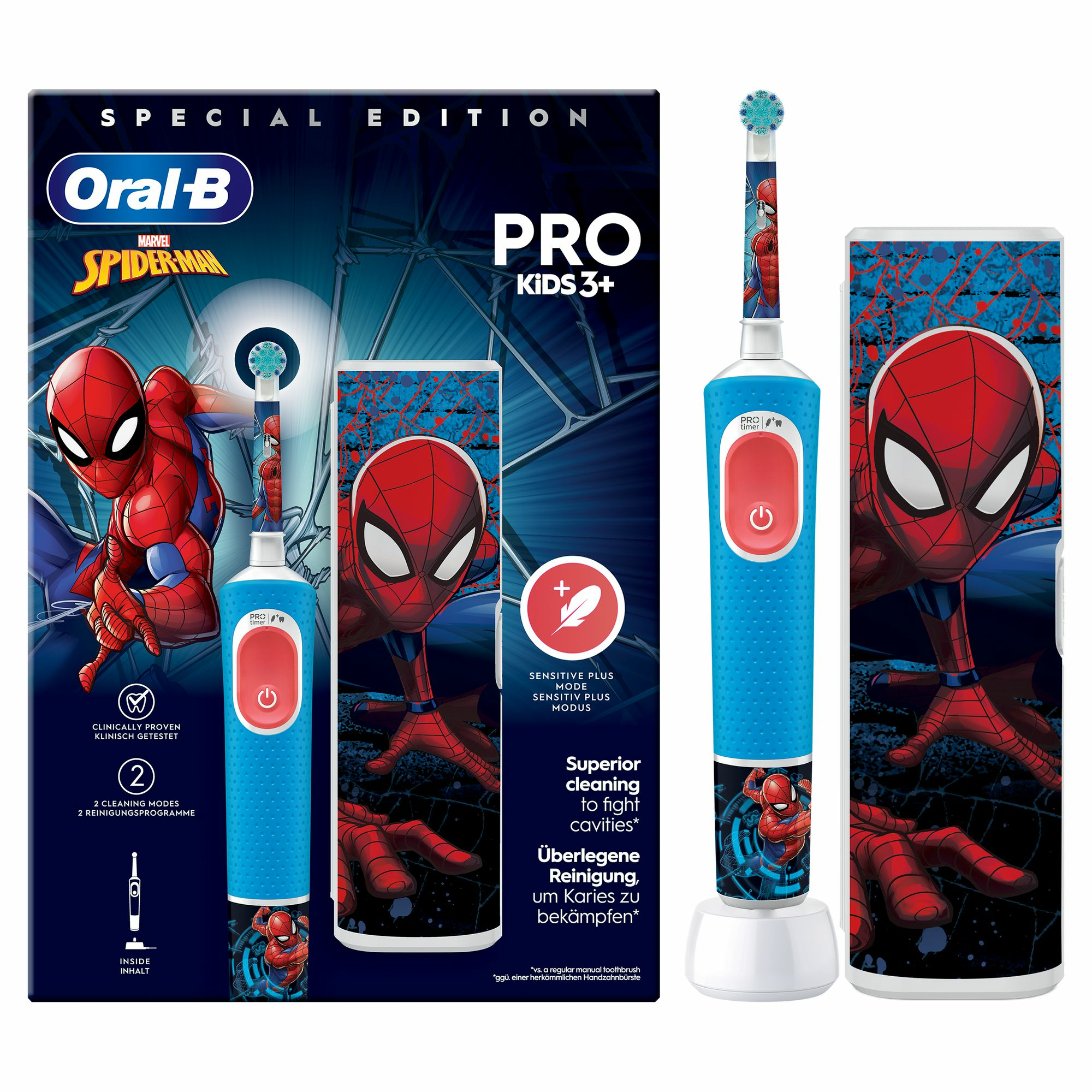 Oral-B Vitality Pro Kids Spiderman - Kinder - Rotierende-vibrierende Zahnbürste - Tägliche Pflege - Sensibel - Super sensitive - Blau - Rot - 7800 Bewegungen pro Minute - 4 x 30 sec (8006540773390)