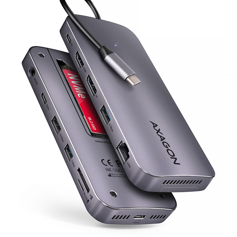 AXAGON HMC-12GM2 Multiport-Hub, USB-C 3.1, M.2-NVMe/SATA, DP + HDMI, Gbit-LAN, 3x USB-A, 1x USB-C, CR (HMC-12GM2)