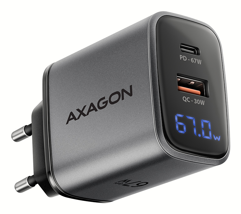 AXAGON ACU-PQ67D GaN Ladegerät, USB-C Power Delivery 3, USB-A Quick Charge 4 - grau (ACU-PQ67D)