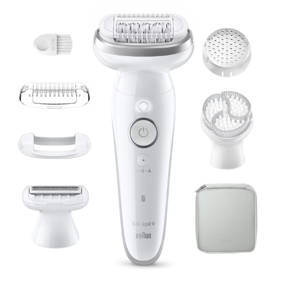 BRAUN Silk·épil 9, Wet & Dry, Langanhaltend glatte Haut, 9-061 Epilierer (Braun Epilierer mit 40 MicroGrip-Pinzetten, Wet & Dry, Massagerollenaufsatz, breiter schwenkbarer Kopf, inkl. Rasieraufsatz, Trimmeraufsatz, Peelingbürste mit Schutzkappe, Haut