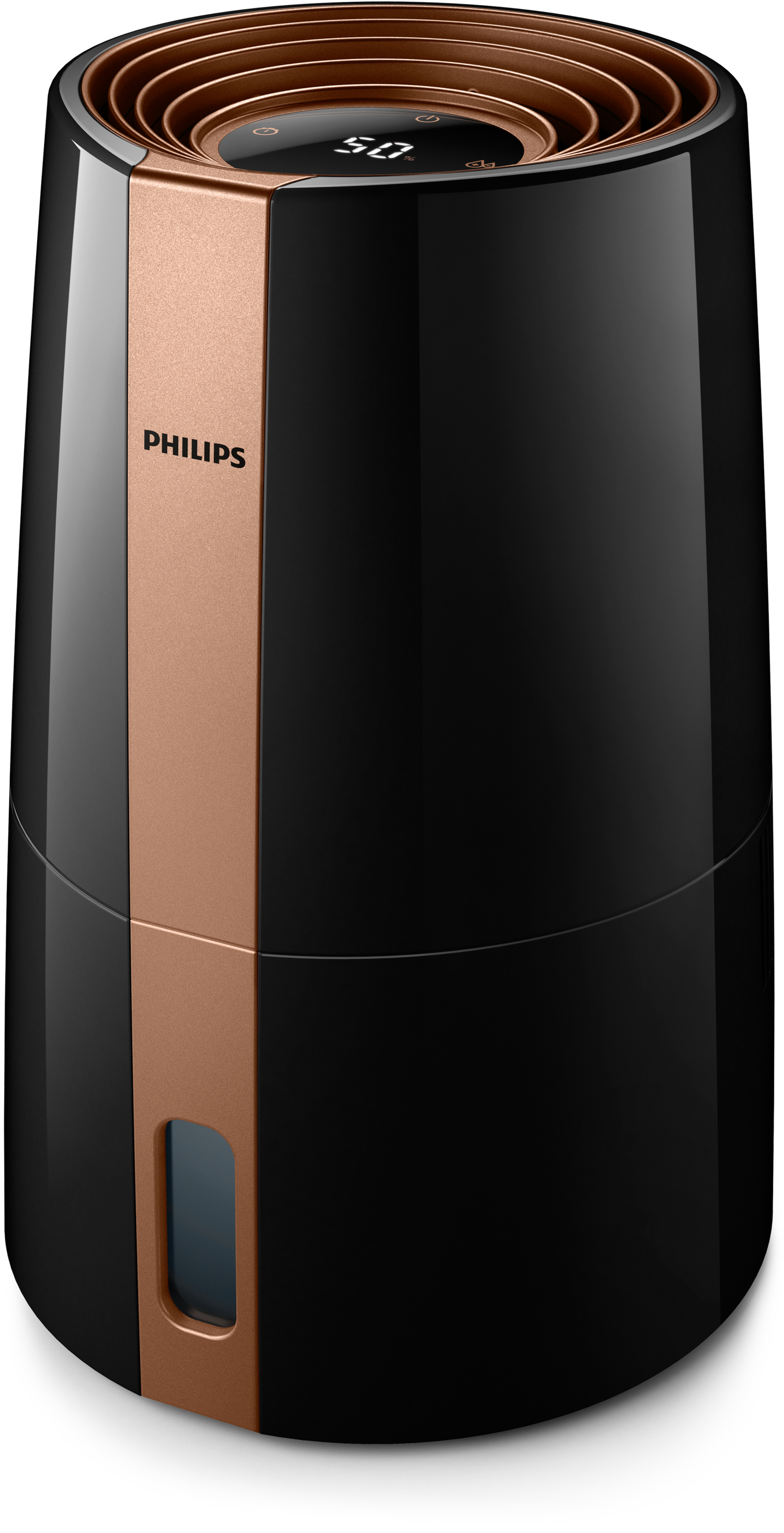 Philips 3000 series Luftbefeuchter für bis zu 45 m². Netzteiltyp: AC. Gewicht: 2,61 kg, Verpackungsbreite: 311 mm, Verpackungstiefe: 311 mm. Produktfarbe: Schwarz, Gold. Display-Typ: LED (HU3918/10)