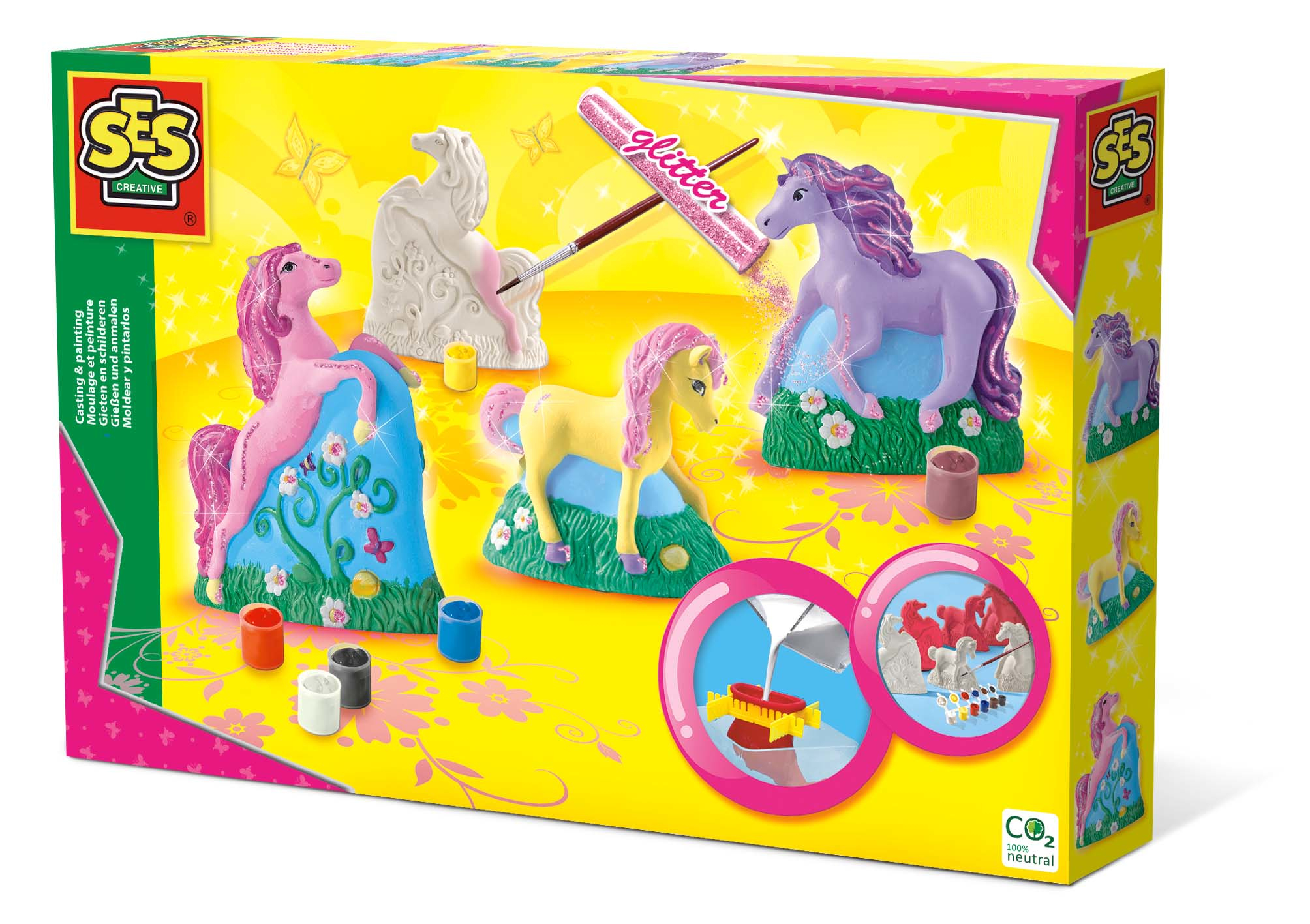 SES Creative® Gipsgießen-Set Glitzer Pferde auf Wiese mehrfarbig