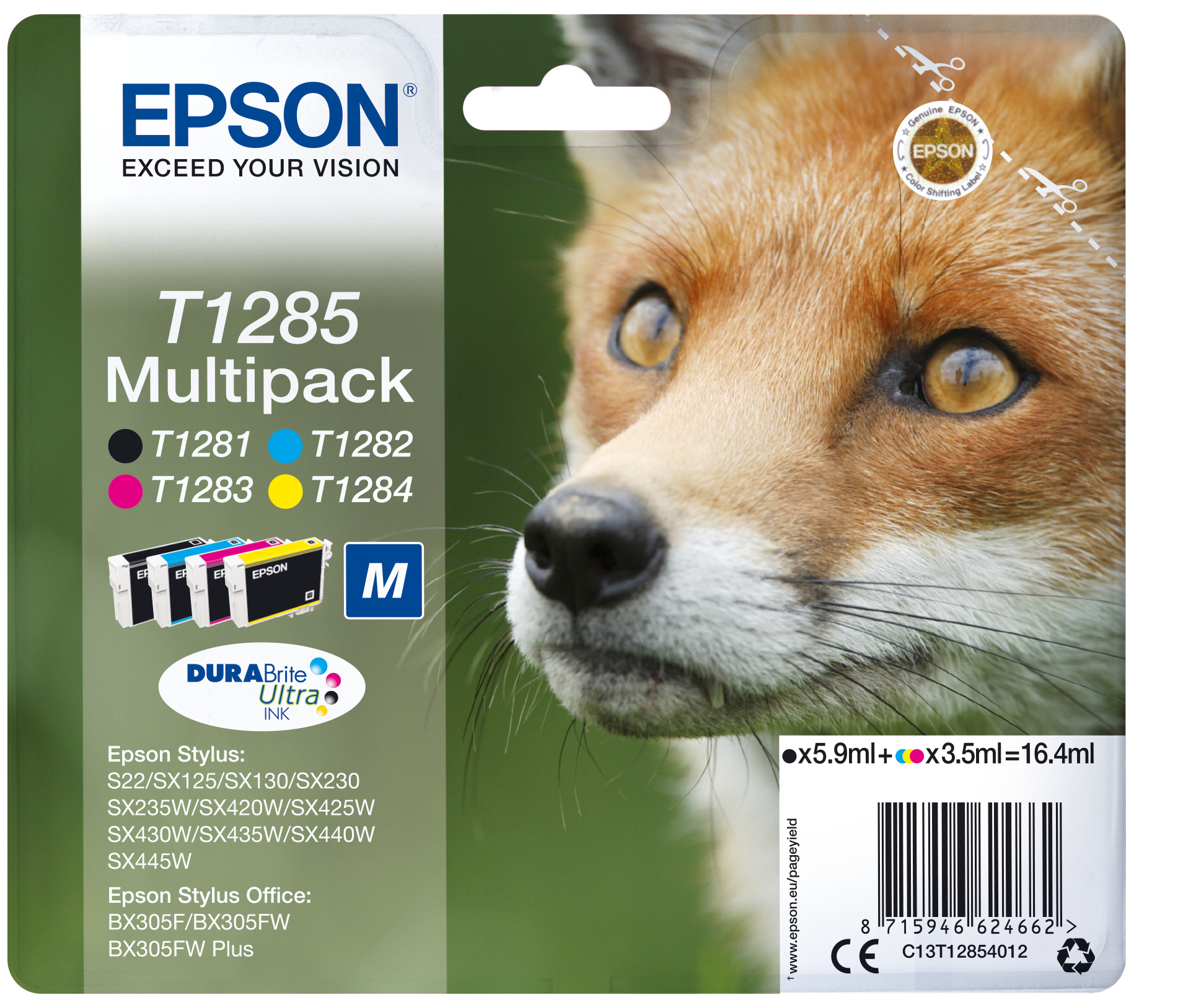 EPSON Tinte T1285 DURABrite Ultra multipack 4Farben M 16,4 ml fuer Stylus S22 SX125 BX305F SX420W (C13T12854010)