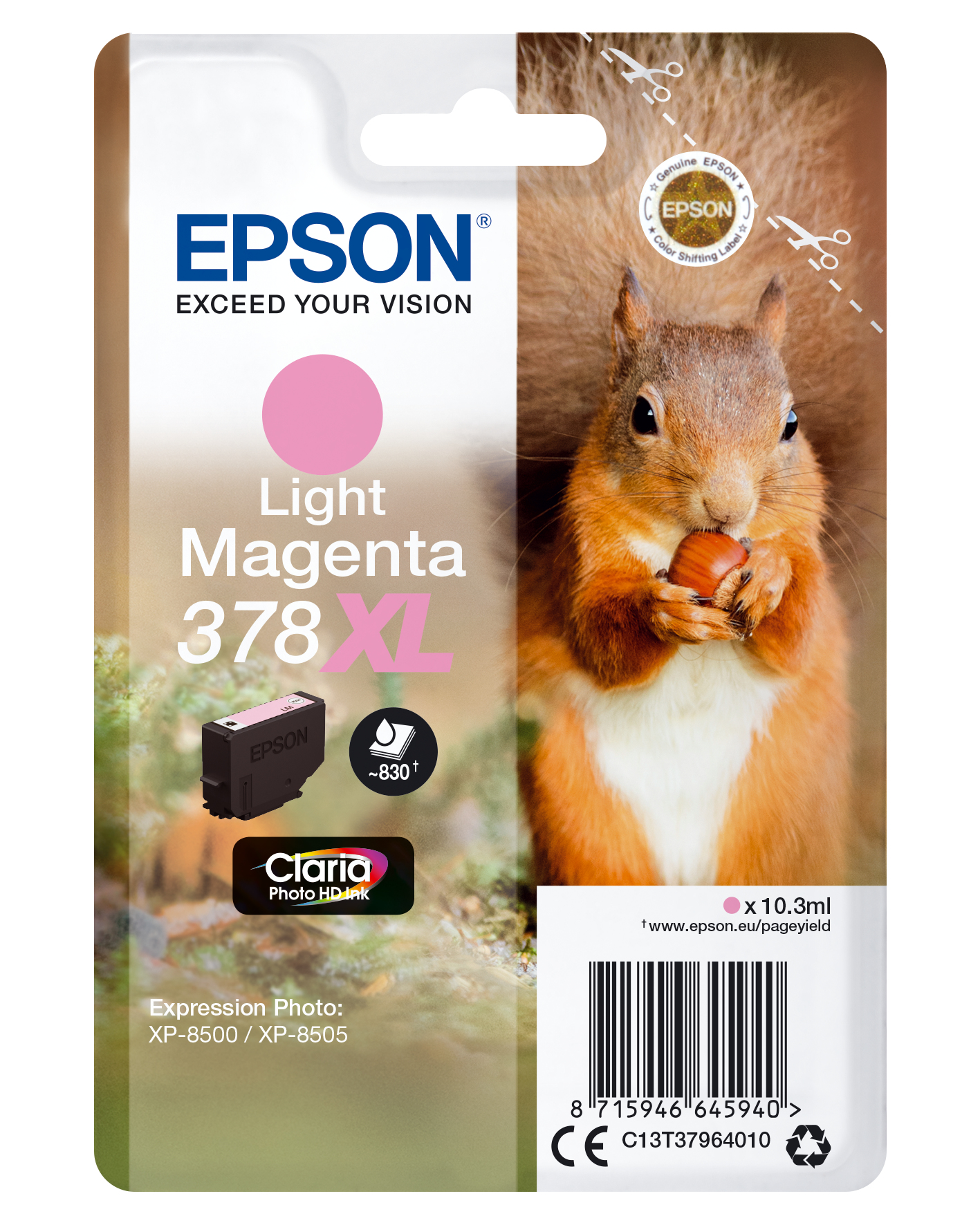 Epson 378XL - 10.3 ml - XL - hell Magenta - Original - Blister mit RF- / aktustischem Alarmsignal - Tintenpatrone - für Expression Photo XP-8500 Small-in-One (C13T37964020)